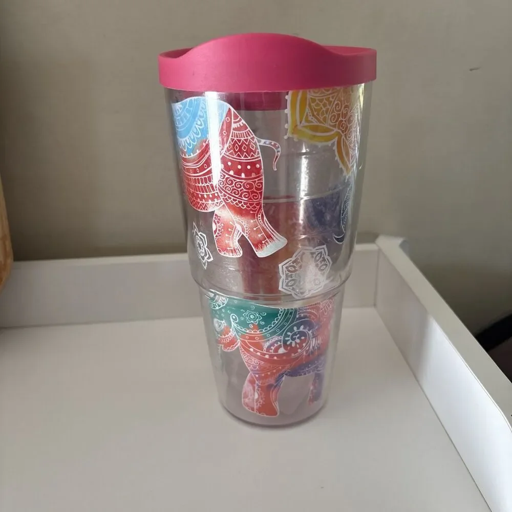 Tervis 24oz Tumbler Travel Mug Mehndi Elephant Colorful Wrap Pink Lid